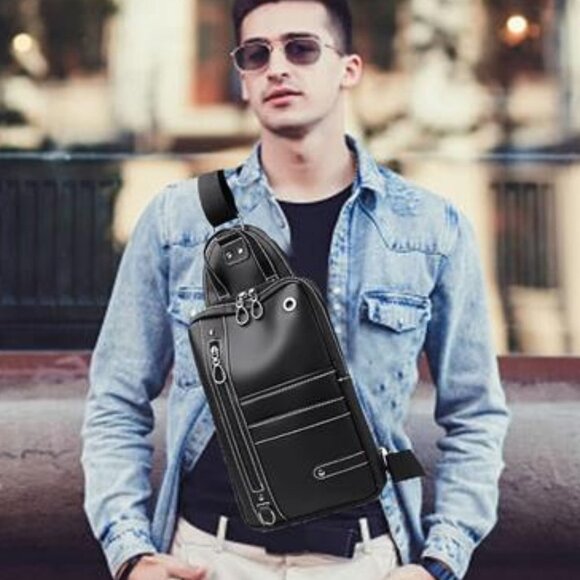NEW Black Leather Sling Bag Backpack